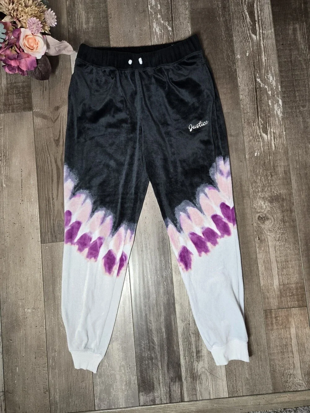 Justice Girls' Black & Purple Tie-Dye Velour Joggers Size Large 12/14 EUC